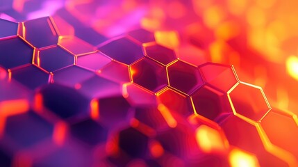 Hexagonal pattern shaping an abstract background, illustrating concepts of technology, data, connection, and scientific innovation with a gradient of warm and cool tones