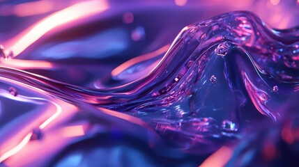 Futuristic liquid surface with smooth translucent waves, glossy highlights and vibrant purple pink blue gradients conveying dynamic energy, motion, and tech inspired elegance