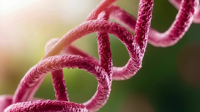 Dna helix strand genetics biology molecule spiral structure macro closeup red coil twisted rope textured helix soft bokeh glossy texture