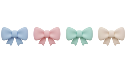 A horizontal row of four stylized 3d render pastel bows against a black background