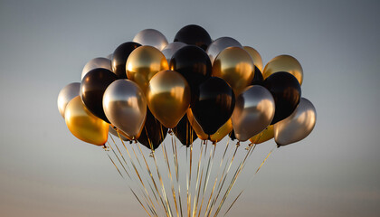 A large bunch of elegant gold, silver, and black helium balloons floating gracefully together against a serene evening sky. Perfect for celebrations, parties, anniversaries, and luxury events.