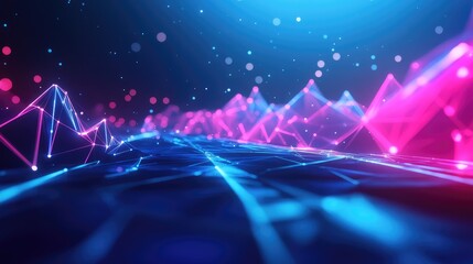 Abstract technology background featuring glowing connected lines and dots forming peaks and valleys, illustrating data visualization, network connections, and science innovation