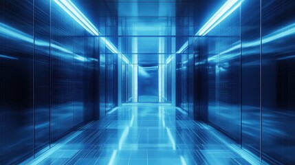 Modern digital server room corridor reflecting bright neon light, creating an abstract virtual space with flowing data and a profound sense of high tech progress