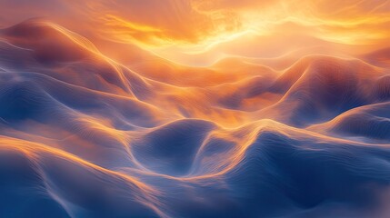 Abstract digital landscape showing flowing wavy lines creating a topographical pattern with warm golden light illuminating the peaks and deep blue tones in the valleys