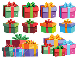 Colorful stylized cartoon gift boxes with bows for celebration and holiday occasions