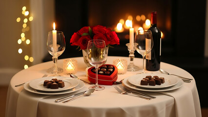 A romantic dinner setup with candles, red roses, and chocolates