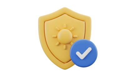A 3d rendered icon of a shield with a sun symbol and a verified checkmark for sun protection