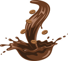 Dynamic coffee splash with flying beans, brown liquid wave, hot beverage, morning, energy drink