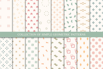 Collection of seamless geometric minimalistic patterns. Delicate color repeatable simple backgrounds with symbols. Pastel endless textures