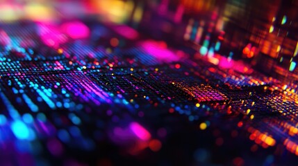 Digital data stream visualizing a futuristic communication network and abstract information flow with glowing, colorful lights and an intricate digital grid