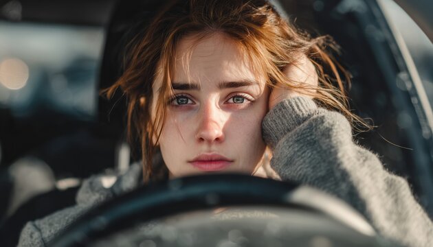 Anxious And Depressed Young Woman Driving Car, Struggling With Fatigue: Student Girl'S Miserable Journey On The Road.