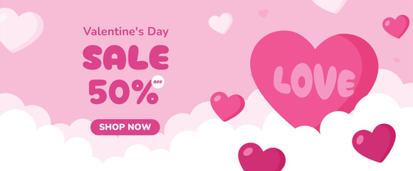 Valentines Day Sale 50% Off Banner or Background Template with Big Love Heart and Pink Cloud for Promotion and Shopping