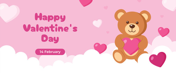 Happy Valentine's Day Banner Illustration with Cute Teddy Bear Holding Heart on Pink Cloud Background