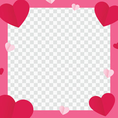 Square Photo Frame Template for Valentine's Day with Red and Pink Paper Cut Heart Decorations and Copy Space
