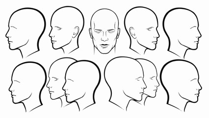 Collection of Human Head Outlines in Various Angles and Expressions.
