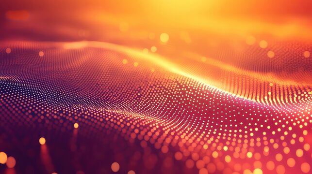 Glowing particles forming an abstract wavy surface with a gradient warm color background, depicting concepts of technology, interconnectedness, digital information, and communication networks - Powered by Adobe