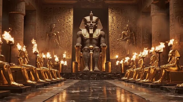 Grand ancient egyptian pharaoh throne room scene featuring a colossal statue and rows of golden royal figures illuminated by torches