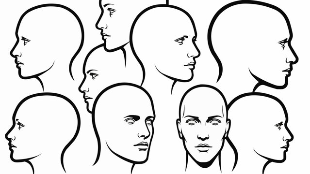 Collection of diverse human head profiles and frontal views in black and white line art style.
