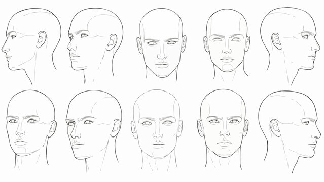 Collection of Male Face Studies in Various Angles and Expressions.