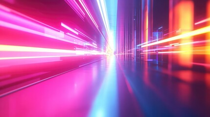 Abstract background showing glowing colorful light trails creating a dynamic futuristic tunnel, representing concepts of data transfer, high speed networking, and advanced technology