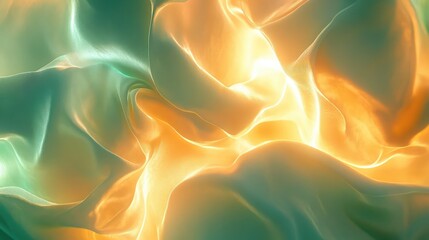 Abstract background showing soft, vibrant fabric like textures gently flowing and intertwining with glowing orange and green light, creating a dynamic and fluid visual
