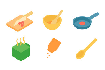 Colorful glowing kitchen utensils and food preparation icons