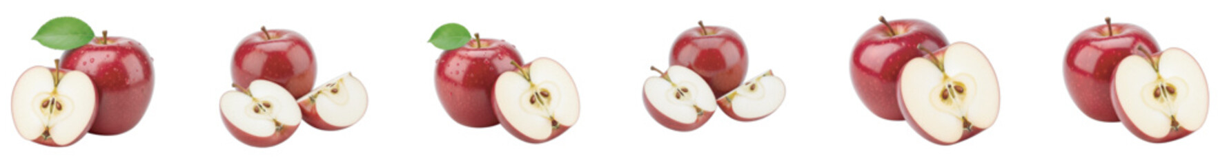 Freshly cut and whole red apples with green leaves arranged on a pure white background