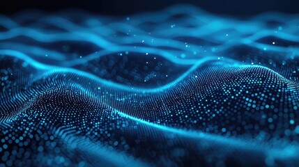 Abstract technology background with glowing blue particles forming a dynamic, undulating surface, visualizing complex data streams and connecting networks in a futuristic digital environment