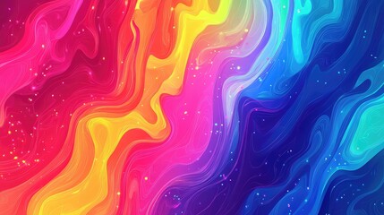 Abstract background showing colorful waves and swirling lines creating a dynamic spectrum from warm to cool tones, interspersed with numerous glowing particles