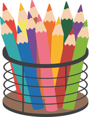 Colorful wooden pencils in wire mesh holder, art, school, drawing, painting, creativity, back to school