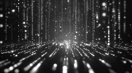 Abstract digital data particles creating a dynamic grid and falling lines, representing information flow, connection, technology, and futuristic concepts in a dark environment