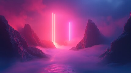 Abstract landscape featuring vibrant pink and purple mist swirling around rugged mountain peaks and reflecting vertical neon light columns on a dark, reflective surface