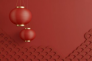 Red chinese lanterns hanging on red background with decorative pattern