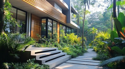 The modern house with its minimalist design blends harmoniously into the tropical garden, creating a cosy atmosphere — the perfect backdrop for presentations of eco-friendly architectural projects.