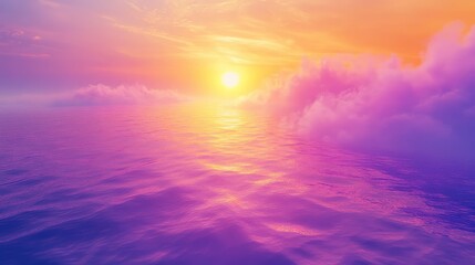 Obraz premium Ocean water mirrors a radiant sunrise, casting surreal purple, pink and orange light across glowing clouds and a tranquil, dreamlike seascape at the horizon