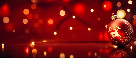 Bright red Christmas candles on a table create a holiday decoration with golden light, shiny bokeh, and a festive backdrop for a celebration card