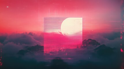 Futuristic vaporwave sunset over mountains with neon pink and purple gradients, glitchy data streams and geometric overlays creating a surreal cyberpunk dreamscape wallpaper