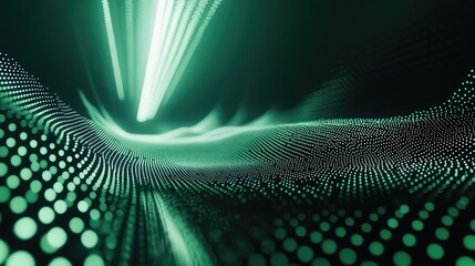 Flowing green particles forming an abstract digital wave surface, creating a visual representation of network connections, data streams, and innovative technology on a dark background