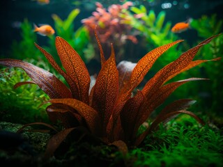 A vibrant red Cryptocoryne wendtii plant anchors a lush freshwater aquarium landscape. Small orange fish swim past the distinctive spotted leaves and green foreground plants.