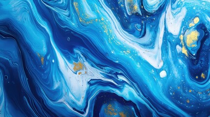 Swirling mix of blue, white, and gold acrylic paint creates an intricate fluid art pattern, forming a dynamic and luxurious abstract background or design element