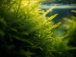 Vibrant green aquatic moss grows abundantly in a freshwater aquarium. Natural underwater foliage provides an ideal habitat for small fish.