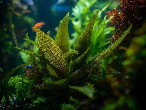 A green Cryptocoryne plant grows in a freshwater aquarium. Small fish swim in the background among other foliage.