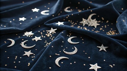 Gleaming Silver Star and Crescent Moon Confetti on Dark Fabric