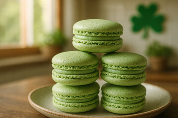 Green macarons stacked on plate with shamrock decor for st. patrick s day celebration