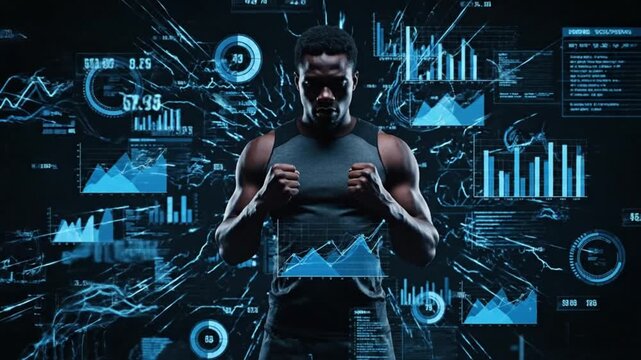 Powerful athletic man with fists clenched, surrounded by dynamic blue digital graphs and data, representing fitness analytics and performance tracking.
