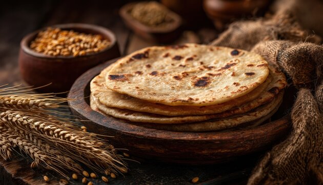 Nutritious Indian Chapati With Whole Wheat Grains: A Fiber-Rich North/South Indian Classic Dish With Selective Focus.