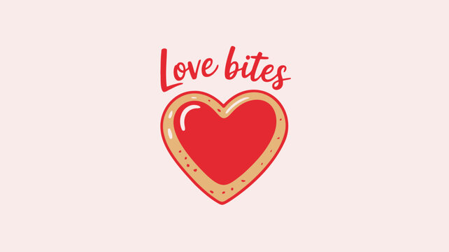 A flat vector illustration of a heart shaped pastry on a pink background with love bites text