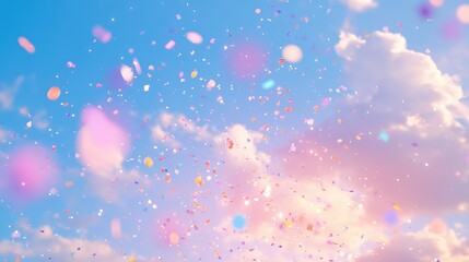 Colorful confetti and glitter particles gently scattering and drifting across a soft blue sky with warm pink and orange clouds, creating a whimsical and celebratory atmosphere
