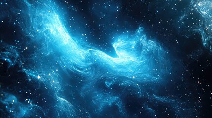 Obraz premium Glowing blue cosmic nebula forming intricate patterns with bright stars scattered across a dark universe, representing deep space, astronomy, energy, and abstract science concepts