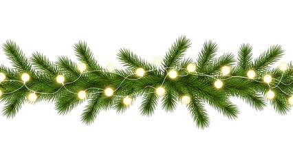 Christmas tree branches with yellow lights on a string isolated on a transparent background